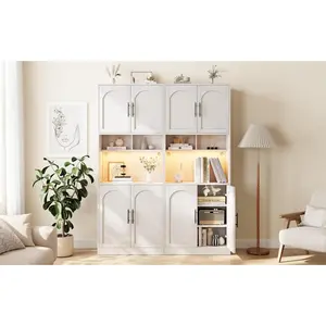 Home 71 Inch Tall Pantry Cabinet with Countertop Kitchen Cabinets with LED Light Strip and Microwave Shelf Kitchen Hutch Storage Cabinet with Adjustable Shelves for Dining Room -White