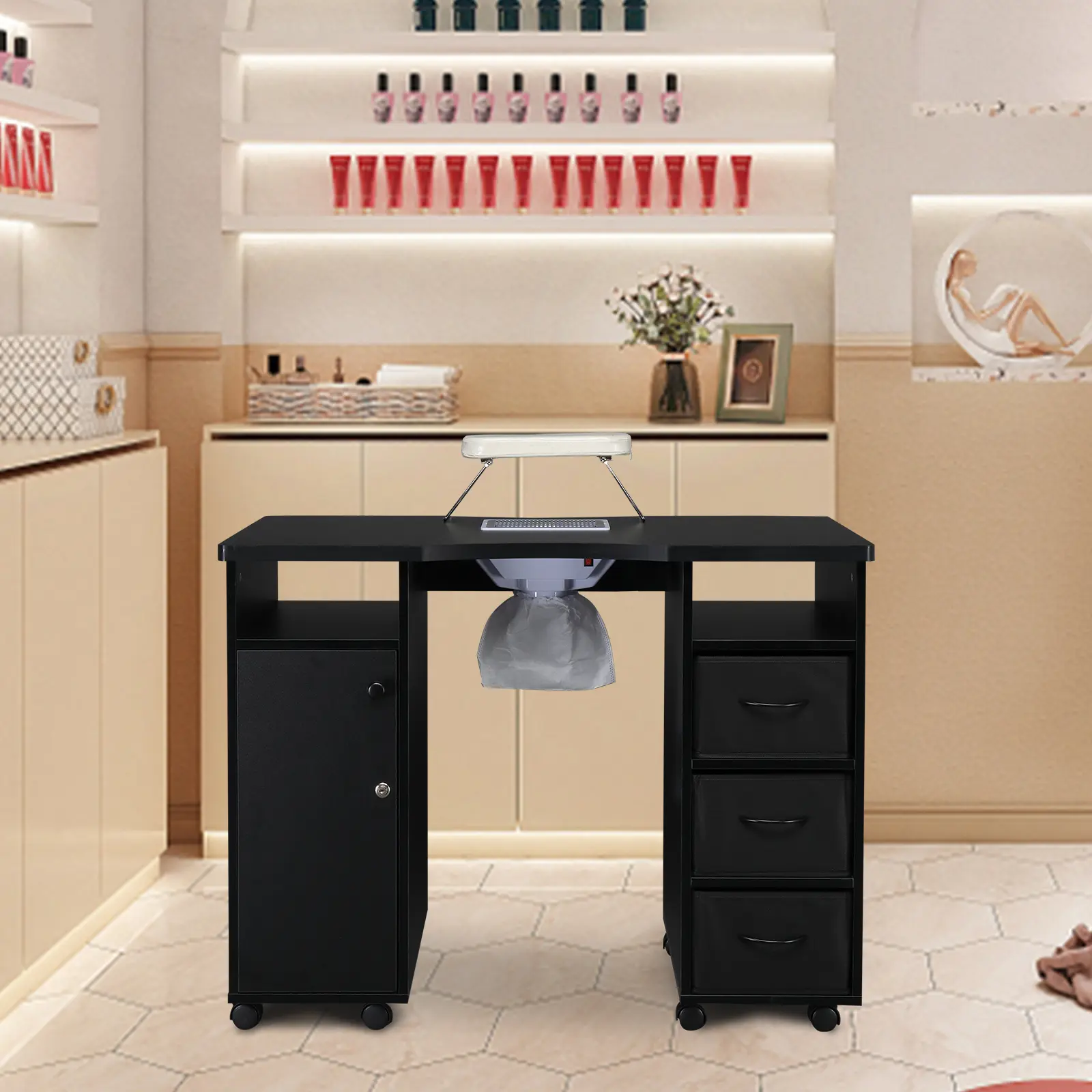 Black MDF Mobile Manicure Table With Built-In Nail Dust Collector Fan, Foldable Hand Rest, Single Lockable Door, 3 Fabric Drawers, Double Side Cabinets, Rolling Casters, Professional Nail Workstation For Beauty Salon