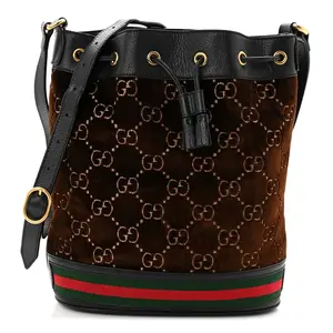 Pre-owned GUCCI Leather Shoulder Bags Velvet GG Monogram Textured Calfskin Web Bucket Bag Brown Black