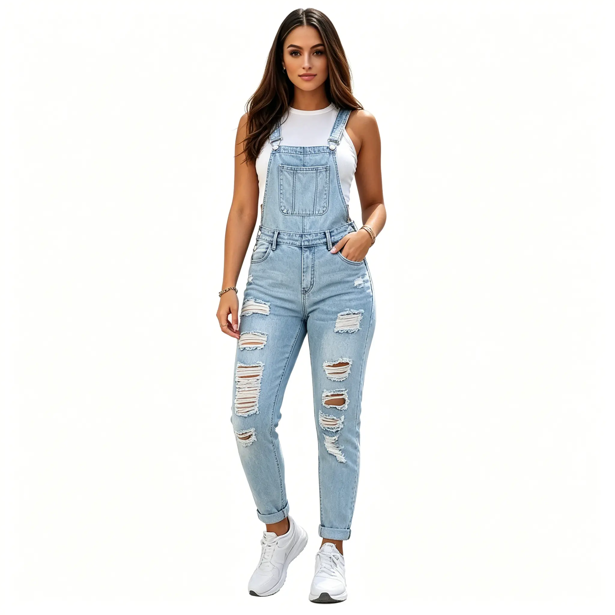 Women Ripped Denim Bib Overalls, Skinny Ankle Jean Jumpsuit, Blue Distressed Slim Fit Overalls with Adjustable Shoulder Straps, Fashion Casual Daily Denim Pants