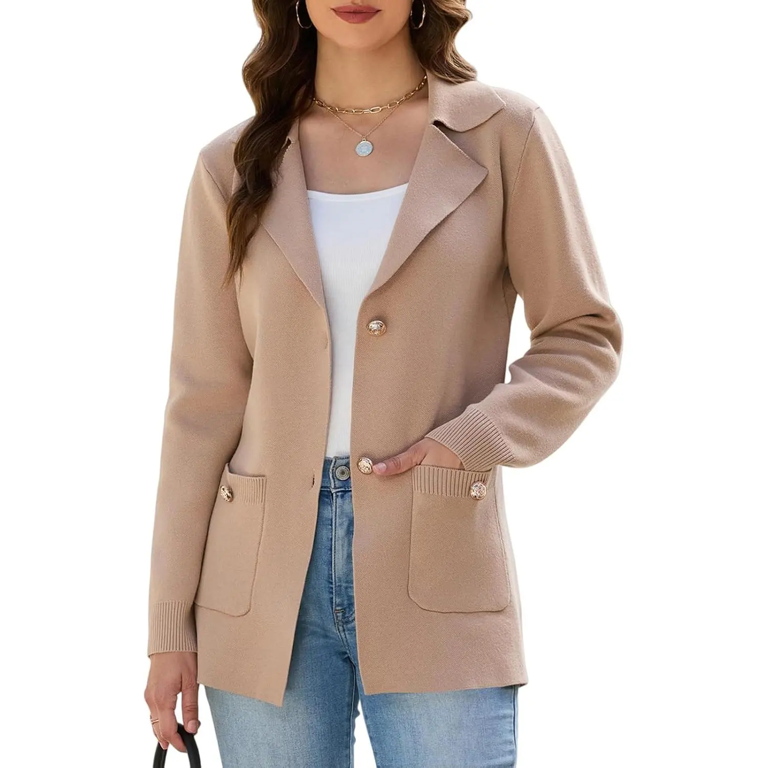 Womenswear Chic Women's Open Front Lapel Sweater Blazer - Long Sleeve, Soft, Pocketed, Business Casual Work Suit Jacket