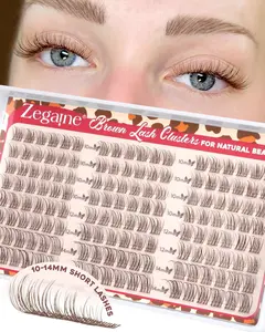 Zegaine Natural Brown Lash Clusters 10-12-14MM Clear Band Wispy C-Curly Short Lashes 144Pcs for Daily Wear Lightweight Makeup