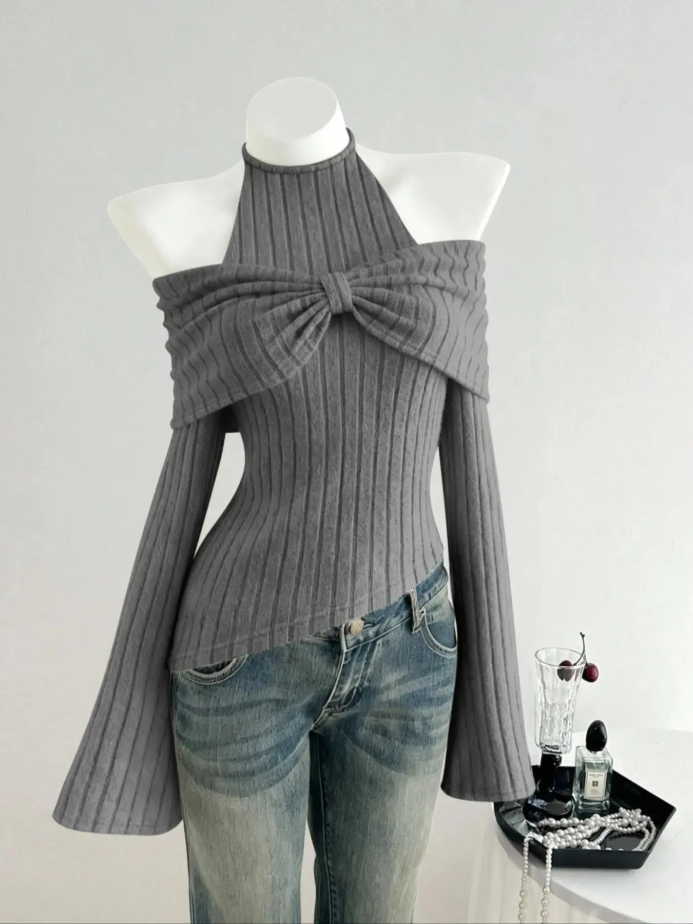 Women's Trendy Fuzzy Fluffy Knit Asymmetrical Hem Bow Tie Design Sweater, Casual Elastic Fitted Pullover for Fall Winter, Stylish Shoulder Cut Out Top Knitwear, Womenswear, effortless layering, chic everyday