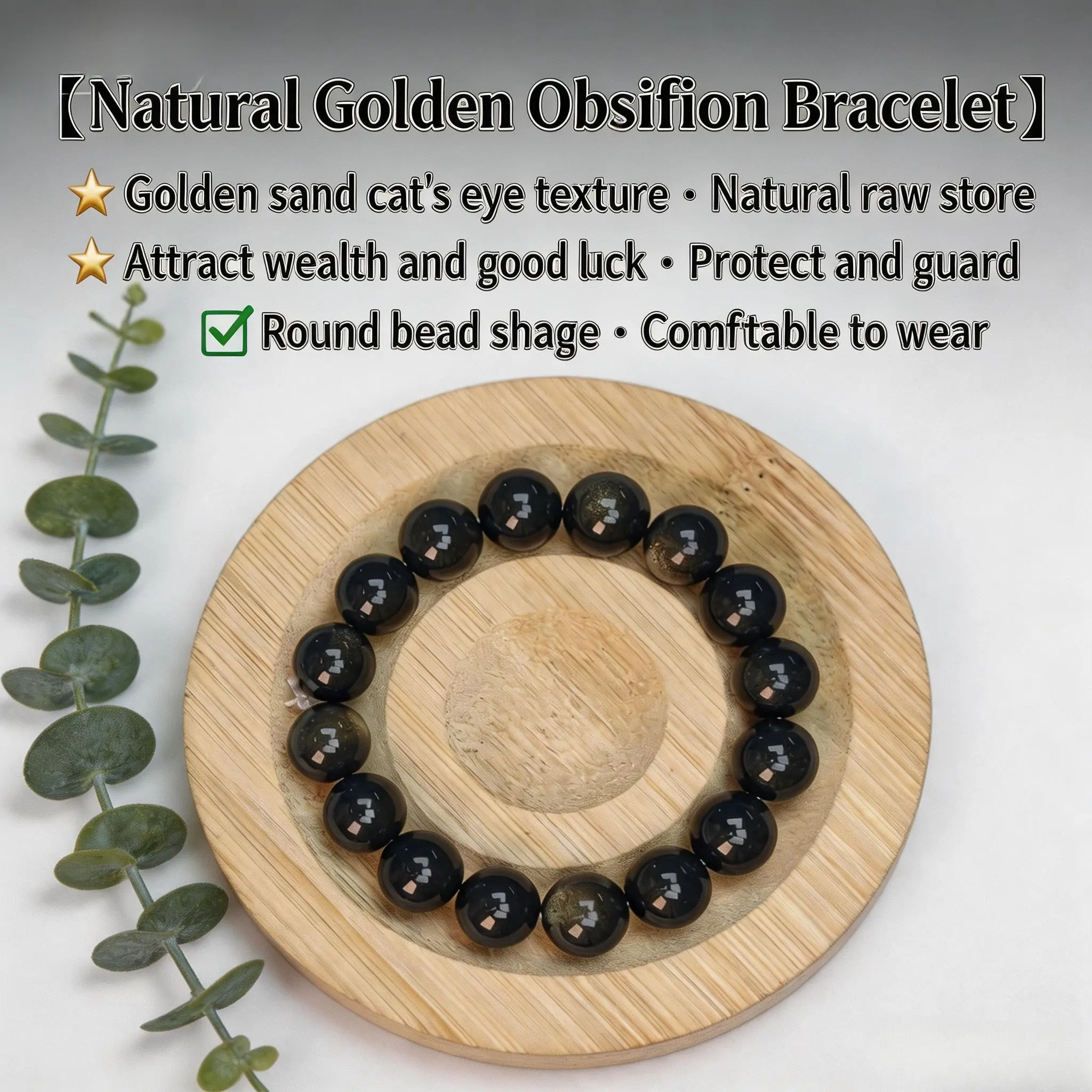 Gold Obsidian Bracelet - Genuine Stone Natural Crystal Jewelry for Women, High-Quality Elastic Cord Handmade Accessory, Durable Adjustable Size Energy Shield, Birthday, Unisex, Adults, Daily, Round, Raw Obsidian, Everyday Wear, Attract Wealth, Block Negat