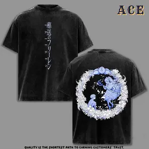 Frieren vs Himmel Vintage Washed Tee, Frieren Beyond Journey’s End Double Printed Oversized Heavyweight Anime T-Shirt, Acid Wash Style, Unisex Streetwear