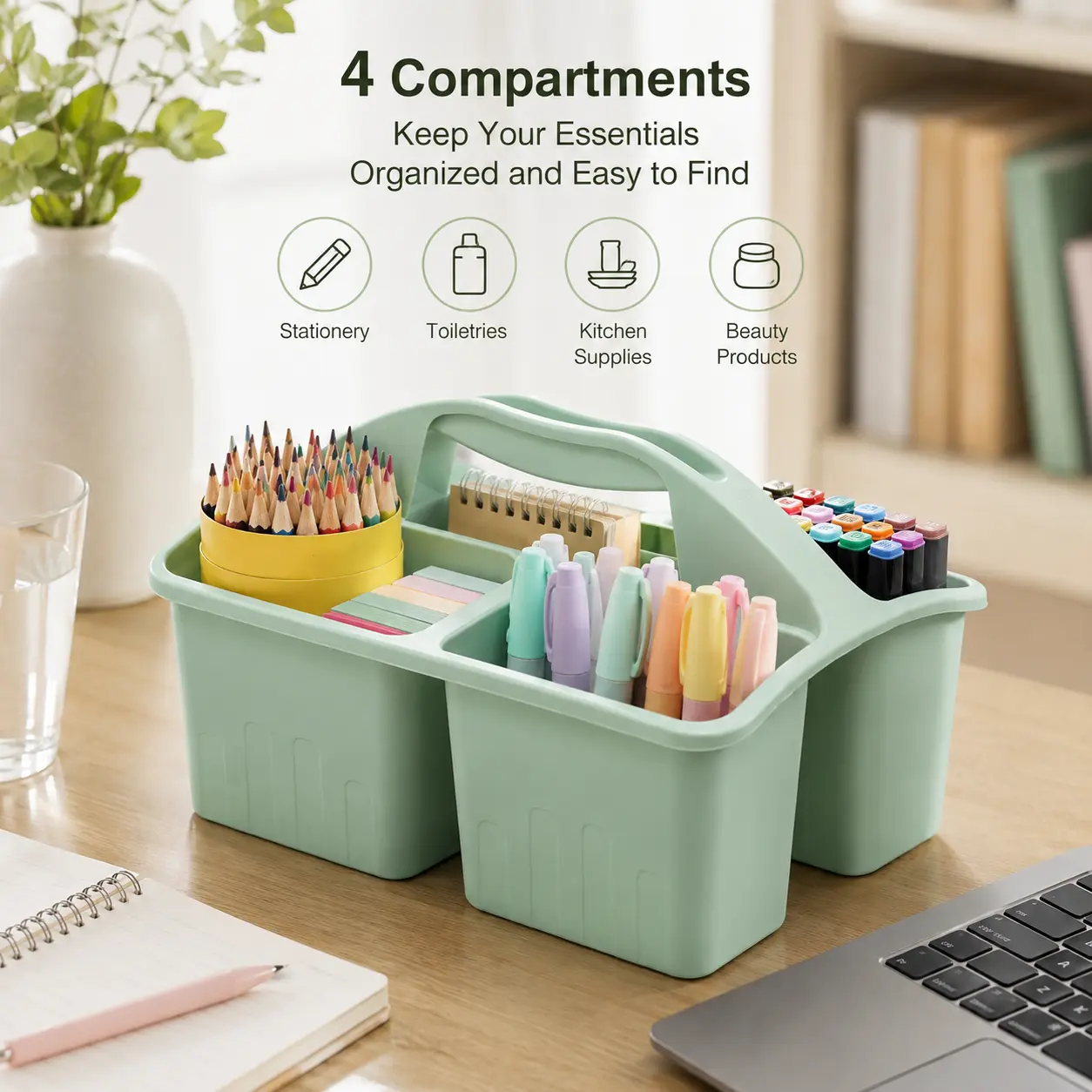 1 Count, Portable Plastic Divided Storage Caddy with Handle, Multi-slot Organizer for Stationery and Bathroom Supplies