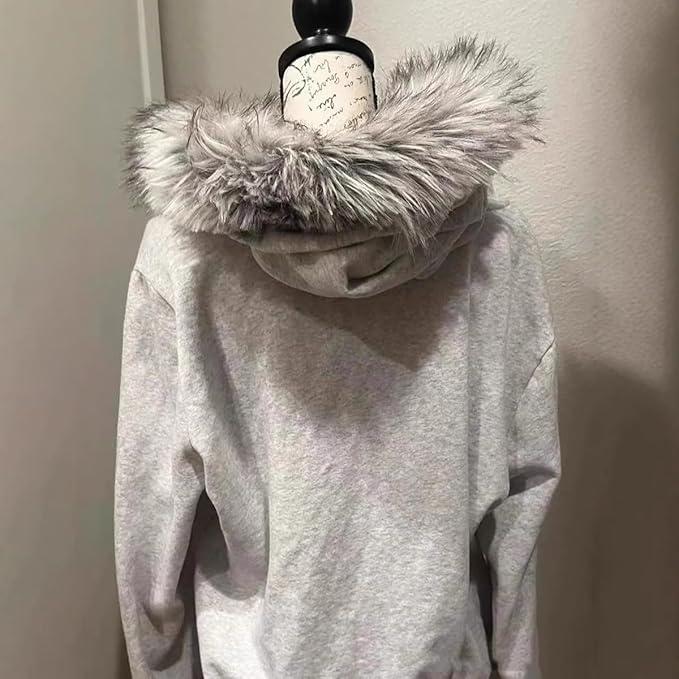 Grunge Fur Hood Zip Up Hoodie Women Teen Girls Y2k Emo Goth 2000s Sweatshirts Cute Fall Winter Crop Coats