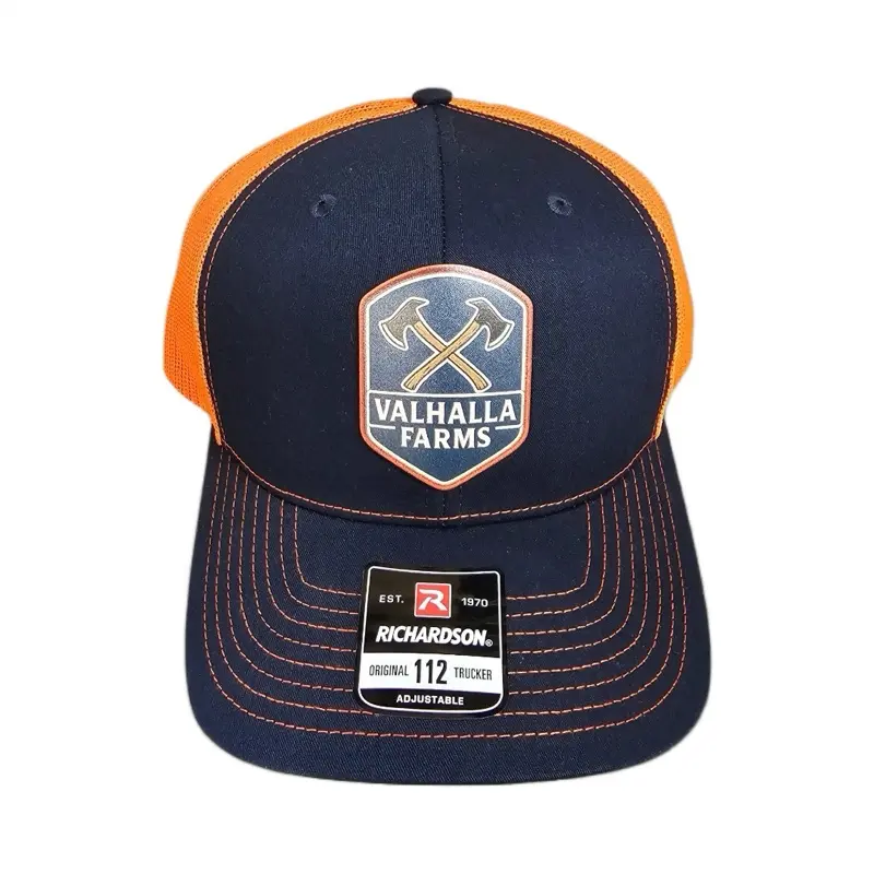 Valhalla Farms Orange Accents - Richardson 112 Trucker Hat with Snapbexx Patch - Black Mid-Profile Adjustable Snapback Hat for Adults