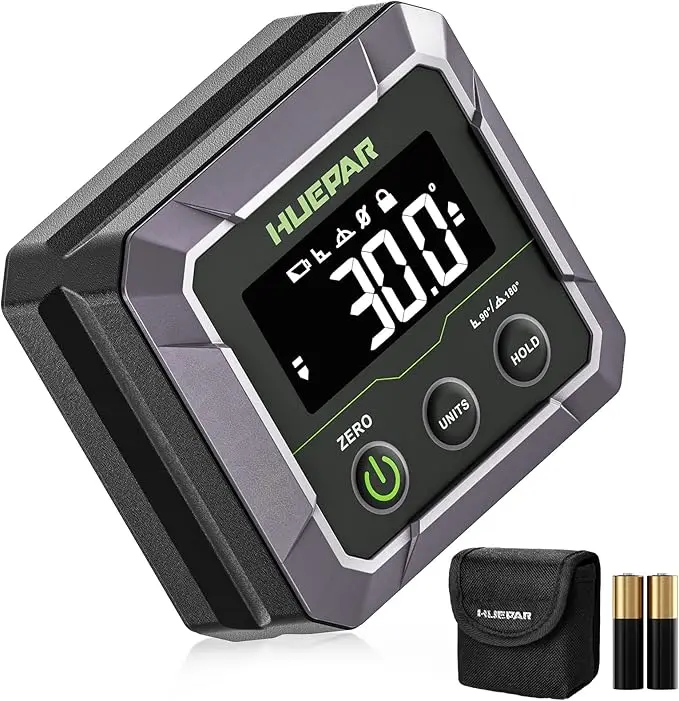 Huepar Industrial Heavy Duty Metal Digital Angle Finder, Woodworking Precision Tool - Strong Magnetic Bottom, ±0.1° Inclinometer, Calibration Function, 0-90/0-180 Measurement, VA LCD Display, 360 Auto-Flip Screen