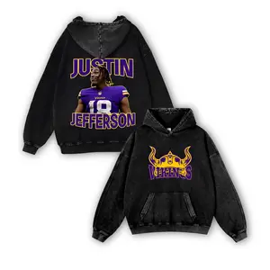 Justin Jefferson #18 Vikings Casual Washed Hoodie | Griddy King WR Gear, Skol Nation Identity, Faded Wash Catch Master Collector