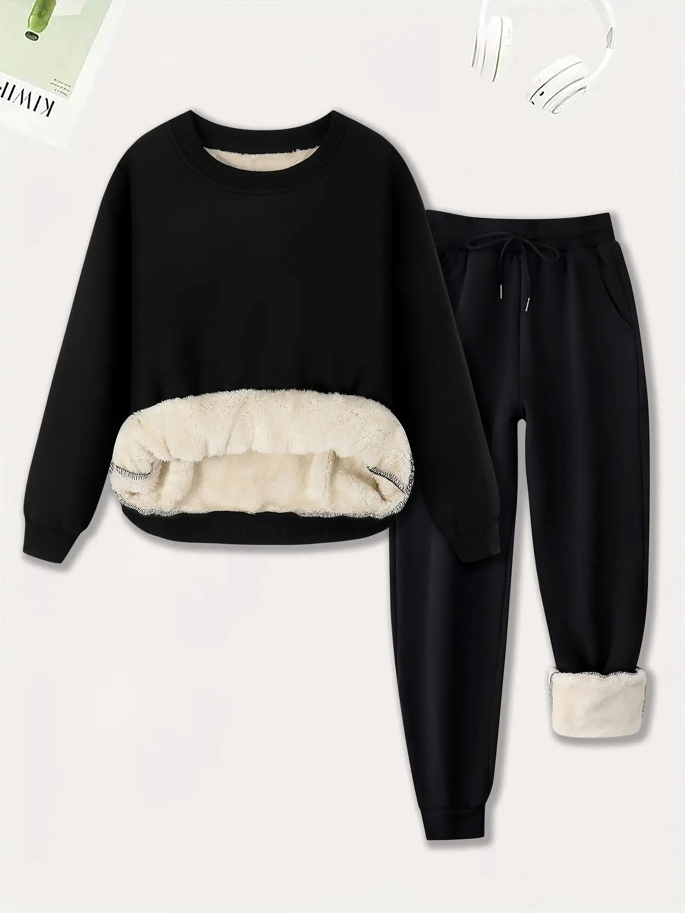 Women's Plain Plush Lined Sweatshirt & Drawstring Waist Sweatpants Two-piece Set, Casual Round Neck Long Sleeve Pullover & Pocket Jogger Pants, Women'