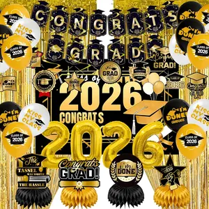 Graduation Party Decorations 2026–Black Gold Grad Banner, Class of Backdrop, Balloons, Fringe Curtains and Foil Balloon, Streamers Kit–Complete Graduation for High School & College Celebrations (Gold)