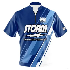 *FREE Custom Name & Logo* Storm Blue Stripe Flair Zip Bowling Jersey Size S-5XL