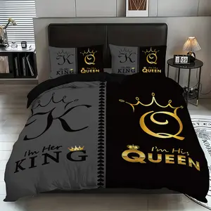 3-piece set (1 quilt cover +2 pillowcases, coreless)KQ crown printed quilt cover set, very suitable for couples 'soft and comfortable bedding, Bedroom Bedding Set, suitable for use in all rooms, room decoration