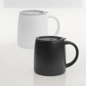 Classic Mug, 14 oz Large Coffee Mug with Handle, Ceramic Porcelain Tea Cup, Smooth Matte (Sliding Lid, Set of 2, White and Black)