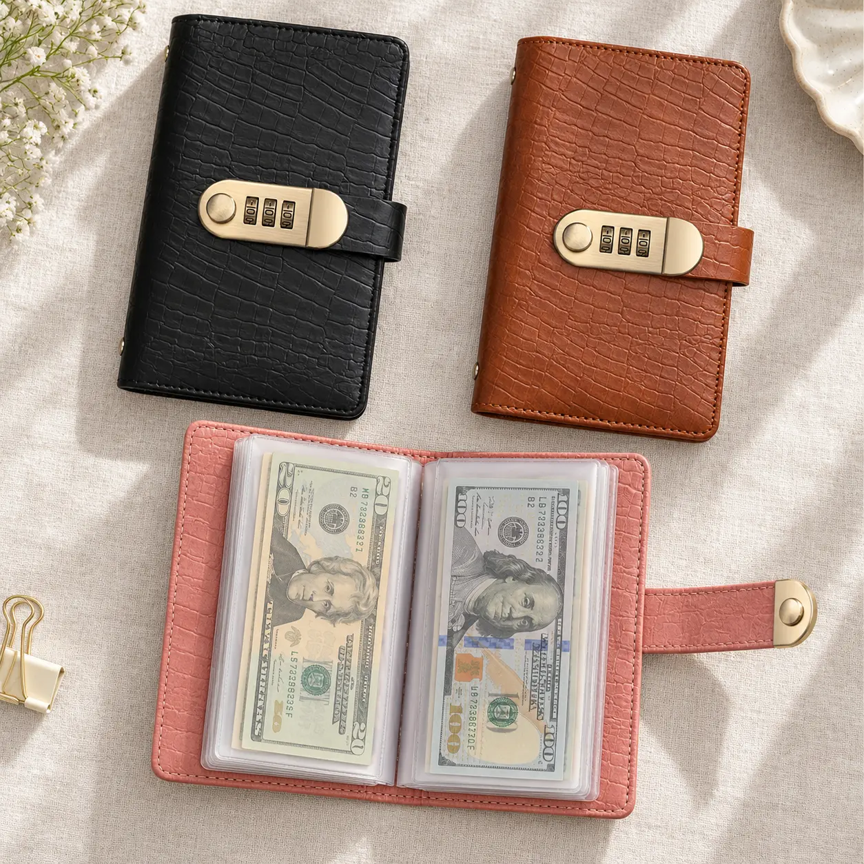 Lockable A6 PU Cash Stuffing Binder - Resettable 3-Digit Password Lock, 50 Double-Sided Transparent Sleeves, 100-Side Capacity - Money Saving Budget Financial Organizer for Savings Challenges, Monthly Budgets, Bills, Budget Financial Planner