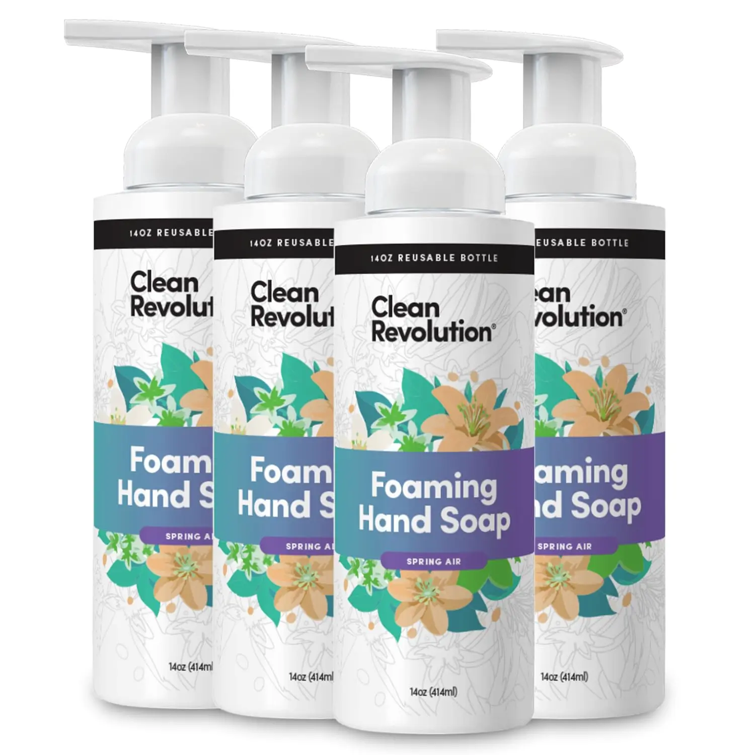 Clean Revolution Foaming Hand Soap Refill with Real Essential Oils, Moisturizing Sulfate-Free Hand Soap, Ready-to-Use Foam Soap Refill for Kitchen & Bathroom (Spring Air) 14 oz, Pack of 4