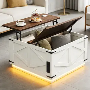 Jocoevol Farmhouse Lift Top Coffee Table, Square Wood Center Table, USB-C Charging Station, and Hidden Storage Compartment - Rustic Grey Living Room Furniture