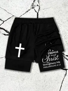 Men's Philippic Book 4:13 Cross Print Layered Shorts, Summer High Stretch Breathable Training Pants, Casual Street Style Capri Shorts