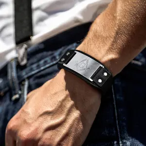 FaithHeart Masonic Cuff Bracelet Leather Wristband Stainless Steel
