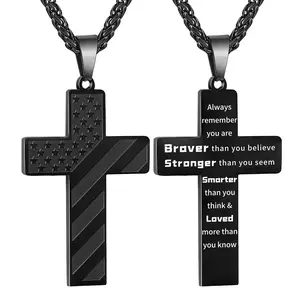24 Inch Cross Necklace for Men Boys Kids Bible Verse American Flag Pendant Baptism Religious First Communion Jewelry Gifts