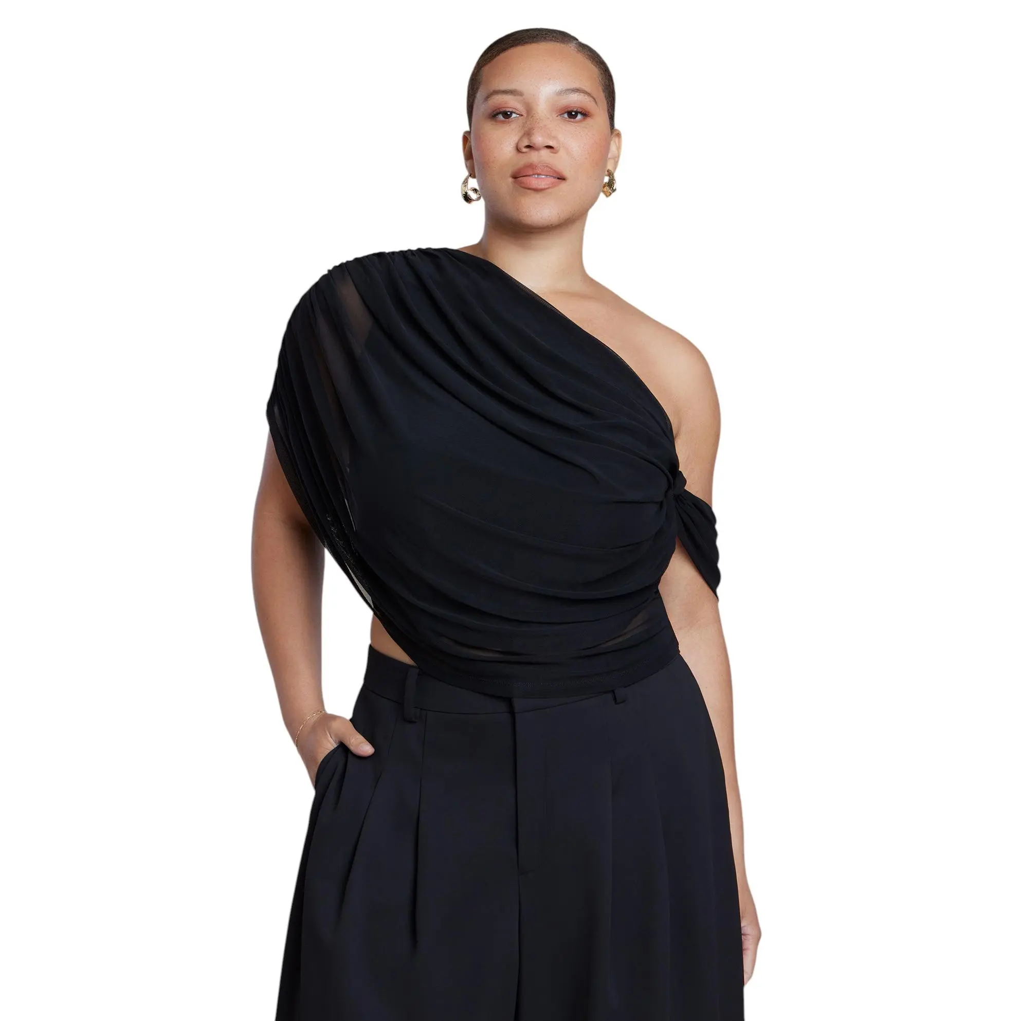 ELOQUII Women's Plus Size Semi-Sheer Twisted One-Shoulder Top