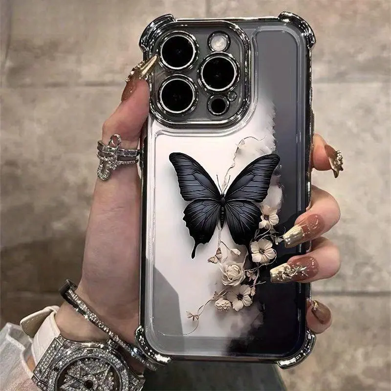 Dark butterfly pattern, four-corner anti-drop, non-slip TPU mobile phone protective case, suitable for iPhone 17 16 15 14 13 12 11 XS X, Samsung and other series models, can be given as a gift to friends or family