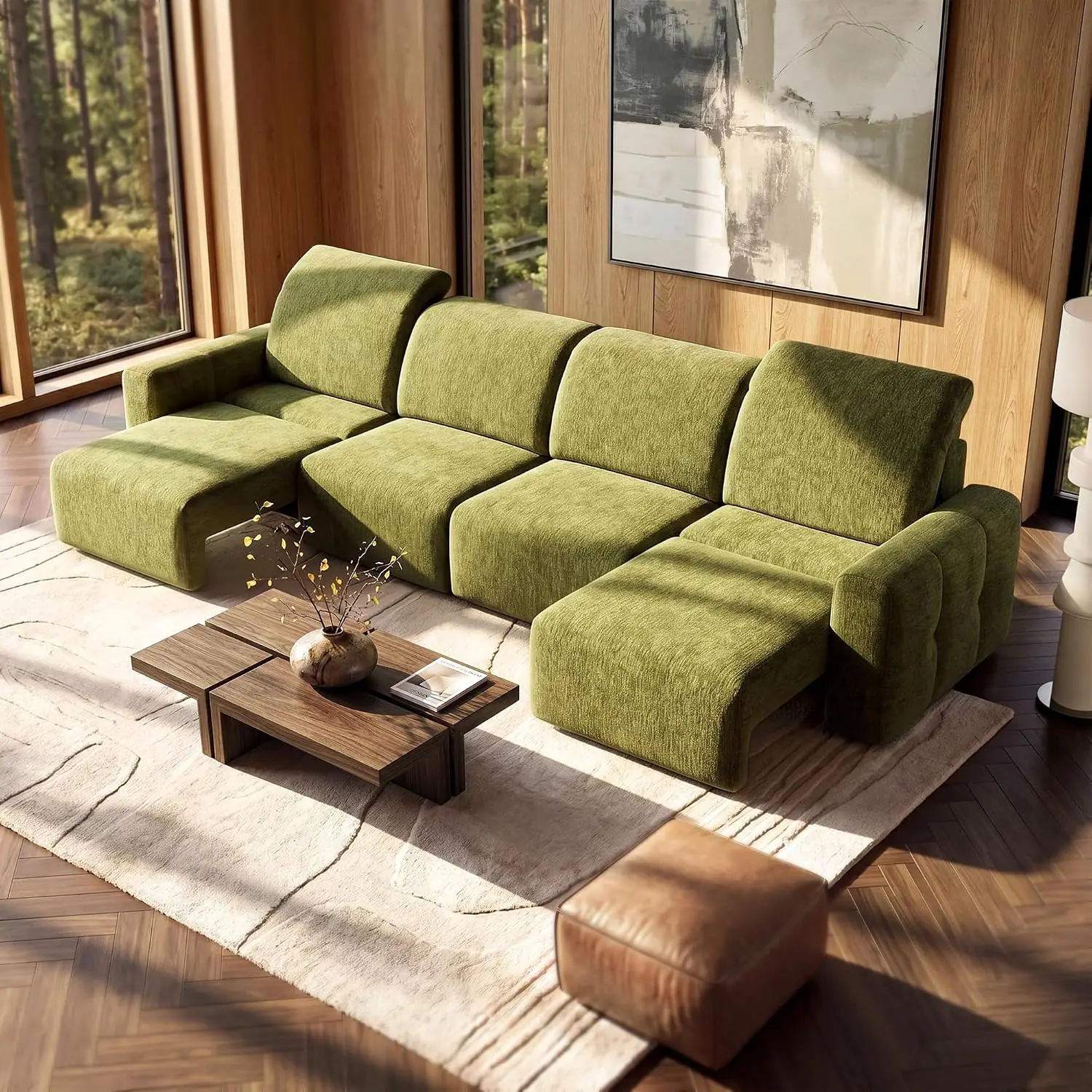ModernMate 154.3" Minimalist Dual Motors Power Reclining Sectional Sofa, 4-Seat Chenille Couch with Adjustable Headrest & Footrest, Oversized Modular Home Theater Couch for Living Room, Olive Green