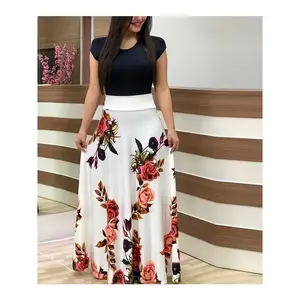 Floral Print Splicing Dress, Elegant Crew Neck Short Sleeve Pleated Maxi Dress, Women's Clothing