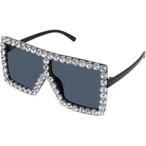 FEISEDY Oversized Sparkling Crystal Sunglasses Disco Diamond Flat Top Fashion Square Large Shades B2782