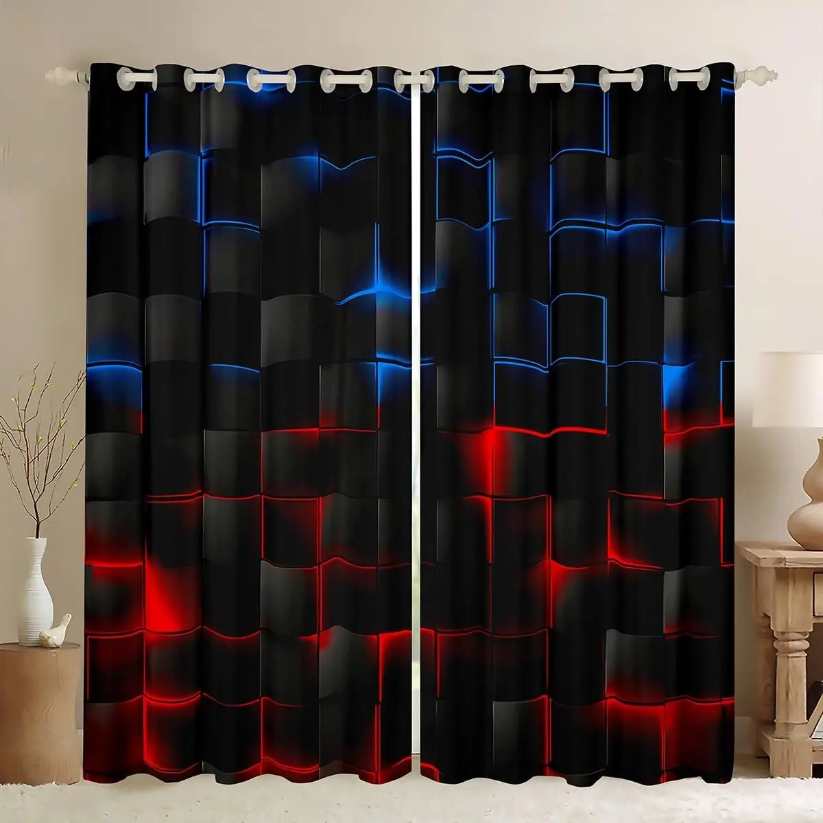 Red Blue and Black Curtains for Bedroom Living Room (2 Panels) Light Geometric Blackout Curtains Darkening Drapes Modern Style Window Treatments