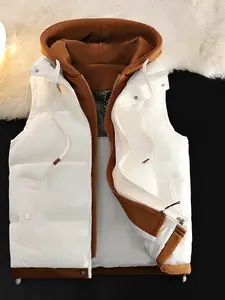 Autumn And Winter Couple Hooded Warm Vest, Fashionable Fake Two-Piece Design, Warm Polyester Fiber, Machine Washable, Winter Warmth, Outdoor Casual, Thickened, Couples, Jacket Formal Waistcoat Beige Ivory White