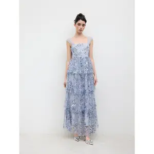 Cider Mesh Square Neck Floral Sequin Tulle Layered Maxi Dress SwimWeek