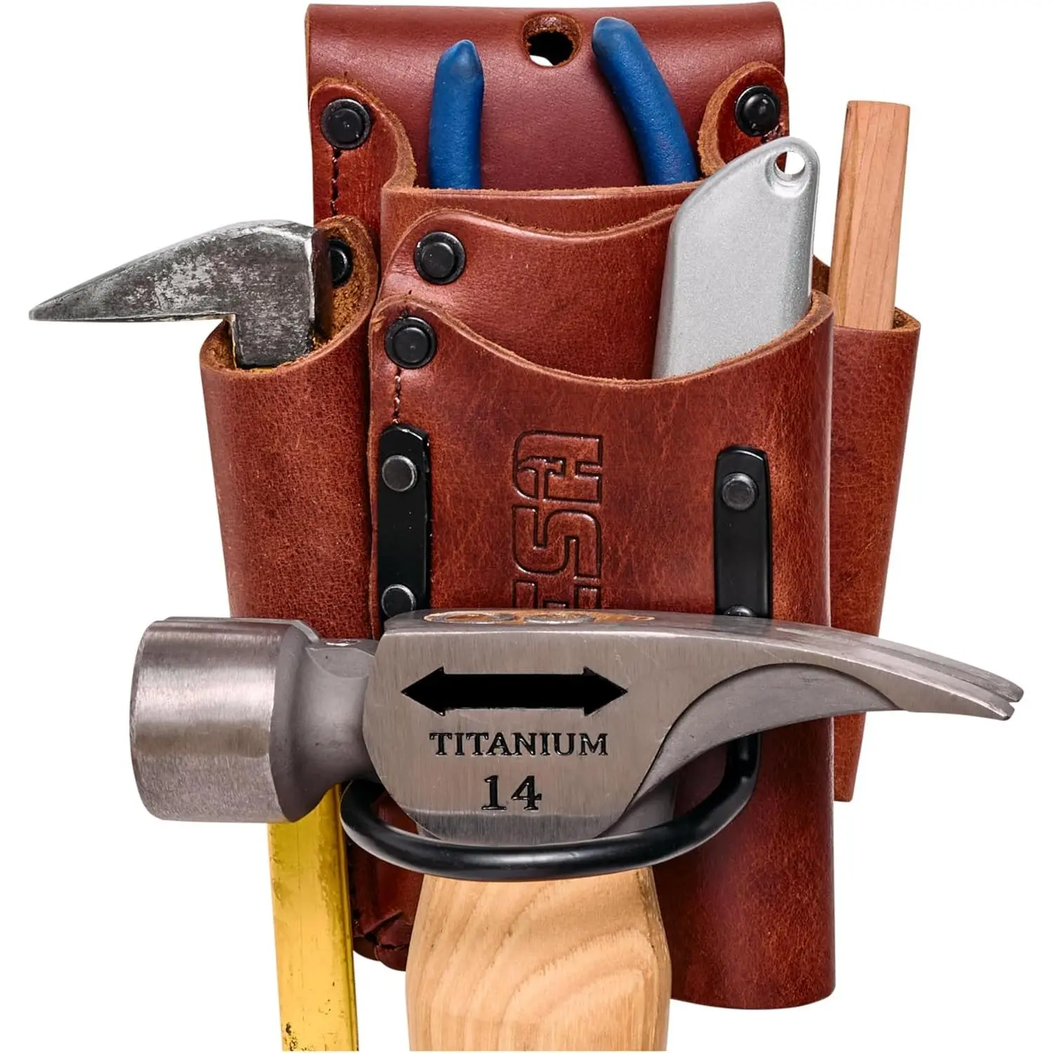 Small Leather Tool Pouch - 5-in-1 Heavy Top Grain Leather Small Tool Pouch with a Steel Hammer Loop, 4 Pockets & Reinforced Heavy Duty Rivets - Fits Belts up to 3" - Handcrafted