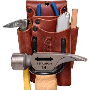 Small Leather Tool Pouch - 5-in-1 Heavy Top Grain Leather Small Tool Pouch with a Steel Hammer Loop, 4 Pockets & Reinforced Heavy Duty Rivets - Fits Belts up to 3" - Handcrafted