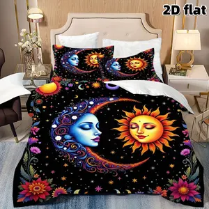 2D Flat 3Pcs Boho Sun and Moon Duvet Cover, Mystical Galaxy Celestial Mandala Pattern Bedroom Bedding Set with 2 Pillowcases, Soft Microfiber Comforter for Bedroom Decor, Unique Hippie Style Gifts.