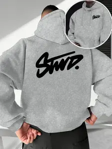 Men's Fall Winter Trendy Hoodie, Geometric Stwd Letter Print Front Back, Casual Fitted Hooded Sweatshirt, Street Style Men's Clothing