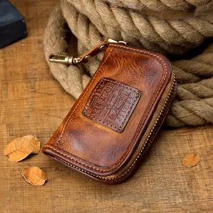 Vintage Style Men's Leather Keychain - Handmade Genuine Cowhide Leather, Large Capacity, Multi-Function, with Zipper Closure and Embossed Design