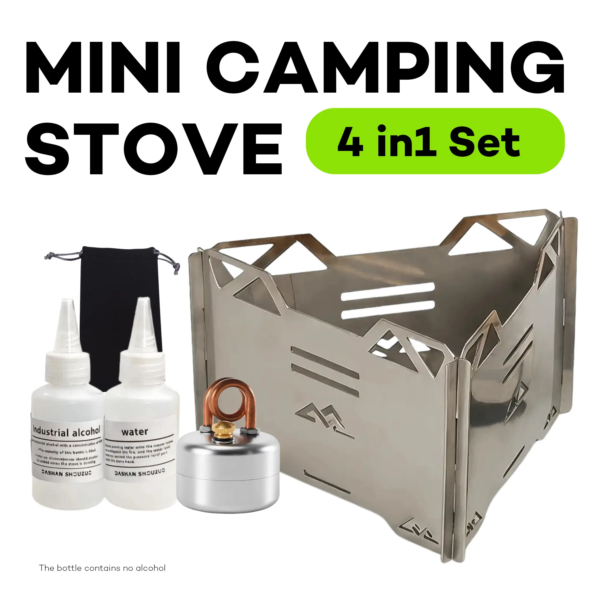 4-in-1 Portable Alcohol Camping Stove Set, Silver Stainless Steel & Aluminum Vaporizer Burner with Storage Bag, Bottles & Wind Deflector, Lightweight Fast-Heating Cooker for Backpacking & Camping Kitchen Supplies