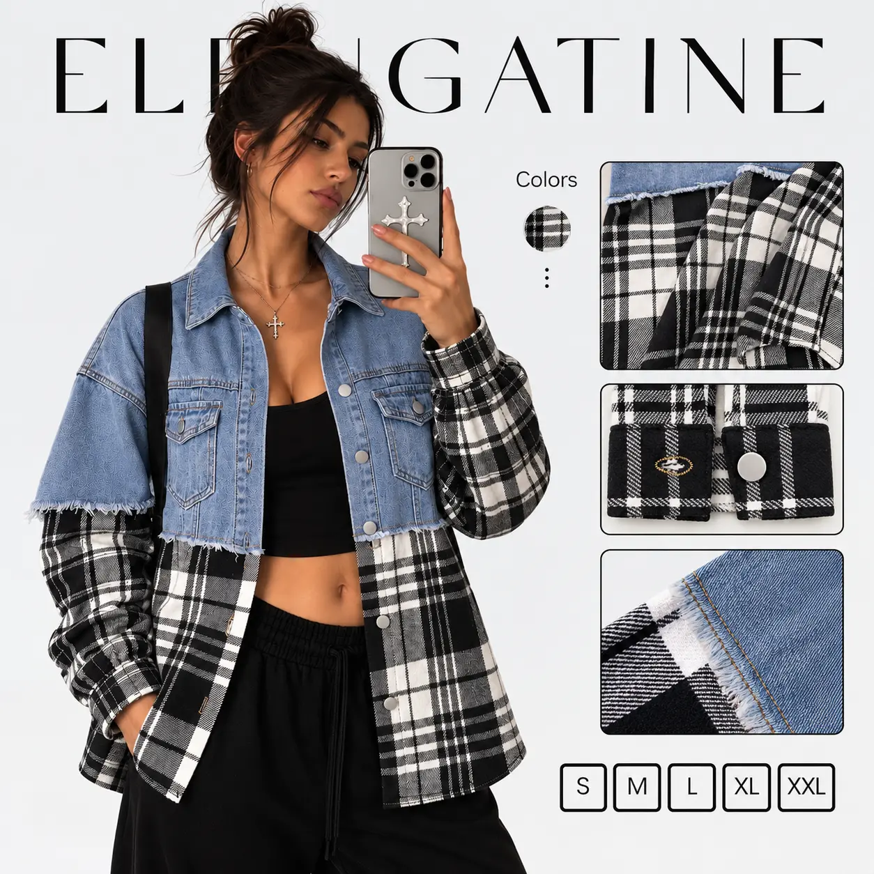 EL Elengatine Women's Cotton Soft Plaid Denim Patchwork Shacket - Long Sleeve Button-Down Collared, Oversized Casual Loose Fit, Raw Hem Layered Lightweight Streetwear Top, Everyday Y2K Trendy Fall Coats & Style