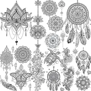 6 Sheets Black Henna Temporary Tattoos For Women Lace Mehndi Mandala Flower Tatoos Ink Large Waterproof Lotus Fake Jewelry Pendant Butterfly Tattoo Stickers Kit Wedding Dreamcatcher Feather