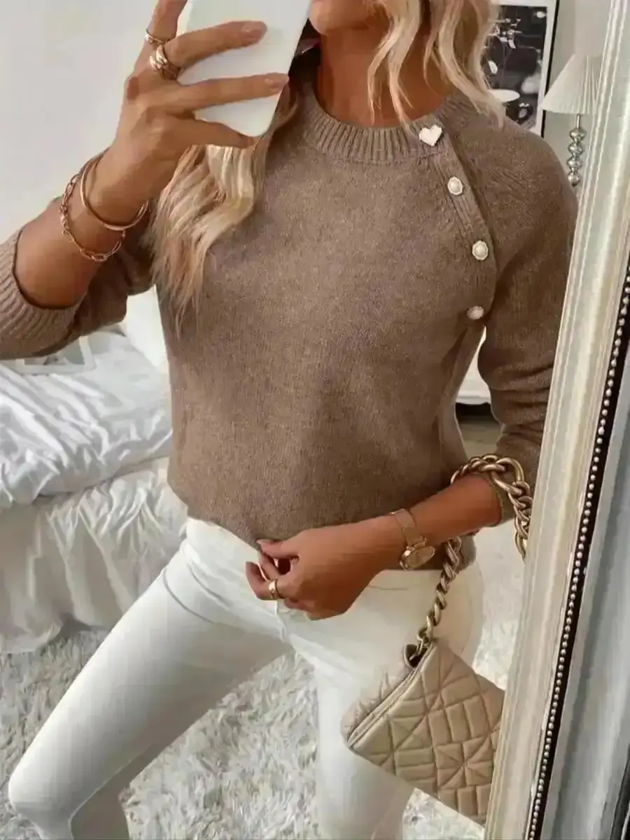 Cropped Knit Sweater, Elegant Shoulderless Button Round Neck Long Sleeve Sweater, Casual Fitted Knitwear for Fall & Winter, Comfortable Medium Stretch Fabric, Cozy, Versatile, Comfort, Wear, Style, Outfit, Essential