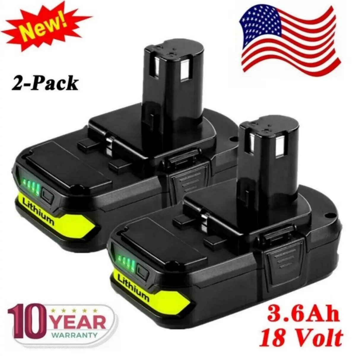 18V Ryobi Power Tool Batteries (2-Pack, 3.6Ah Lithium) - Longer Run Time, No Memory Effect, Replacement for P102 P103 P104 P105 P107 P108 P109 P122, Compatible with 18V Ryobi Cordless Power Tools