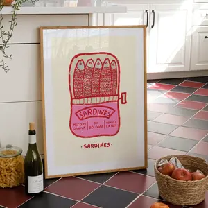 Unframed, Room Decor, Retro Food Can Art, Maximalist Kitchen Gallery Decor, Pink Sardines Tin Art Print, Vintage Fish Print, Trendy Mediterranean Seafood Print