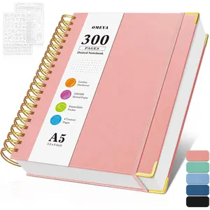 A5 5.5" x 8" Dotted Spiral Journal Notebook, 300 Pages 120GSM Thick No Bleed Through Leather Notebook with Table of Contents, Dot Grid Notepad for Women Men School Work Writing, Pink