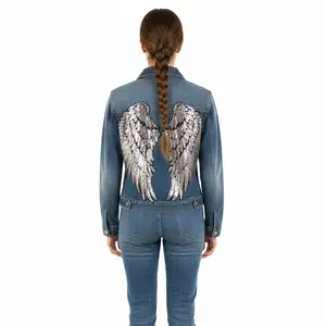 Danilis Silver Angel Jacket with Unique Artistic Denim Women's Blue Denim Coats Featuring Silver Angel Design & Blue Rhinestones