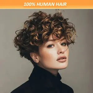 New Fashion Women'S Brazilian Remy Human Hair Wig - Glueless No Glue Needed, Natural Look Loose Curly Pixie Cut Bob with Bangs, 180% Density Voluminous Curly Wave, Rose Net Cap for Secure Fit - Everyday & Special Events - P4-27 Highlight Curly Bob Wig, Ve