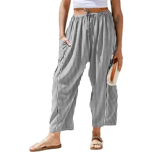 Womens Linen Wide Leg Striped Pants Casual Barrel Loose Drawstring Low Waist Palazzo Harem Pants with Pockets