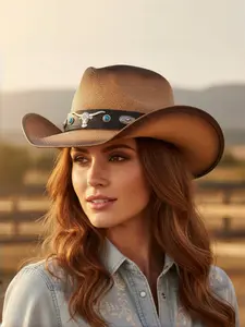Wide Brim Cowboy Hat, American Western Vintage Style, Wool Felt Shaped Cap, Bull Head Decoration, High-Quality Face Contouring