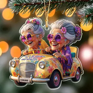 Custom Funny Grandma Ornament, Best Friends in Vintage Car, Personalized “Let’s Be Friends Till We’re Old and Bonkers” Gift for Friendship, Christmas, or Birthday